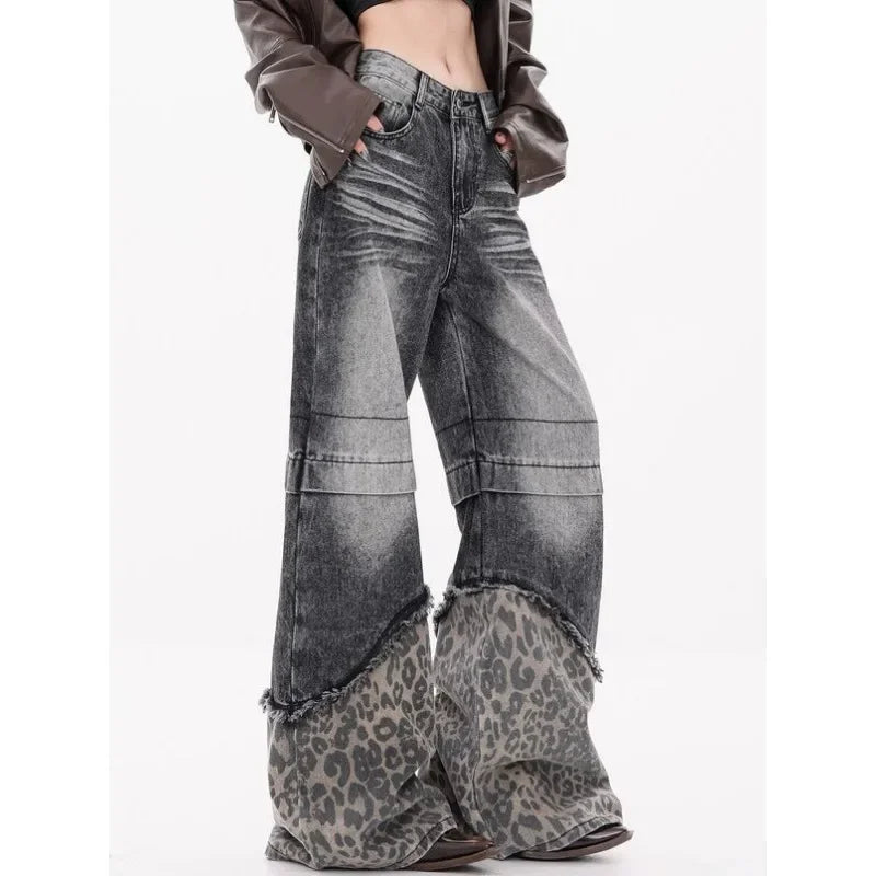 Bxoxo Y2k Vintage Patchwork Leopard Women Jeans Harajuku Washed Wide Leg Korean Fashion Denim Pants Baggy Trousers Streetwear
