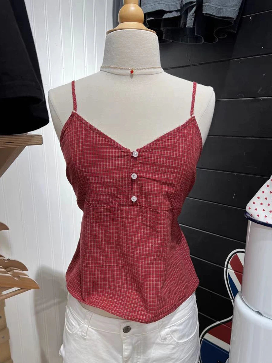 BXOXO Vintage Navy Plaid Tank Top Woman Lace Trim V-neck Buttons Back Lace-up Cotton Camis Summer Casual Streetwear Sweet Slim Vest