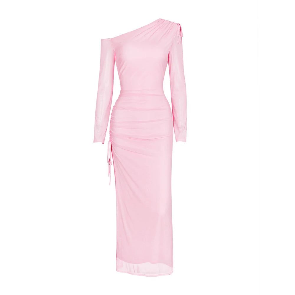 BXOXO Autumn Long Sleeve Dress Women Pink Mesh Maxi Dress New Arrivals High Slit Bodycon Party Dresses Women