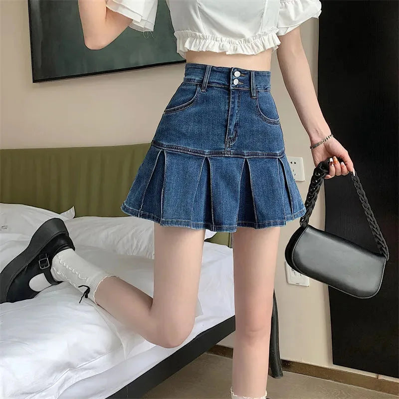 Bxoxo Vintage Blue Denim Pleated Skirt Women Y2K High Waist Ruffle All Match Mini Skirt Ladies Korean Streetwear A Line Jean Skirts