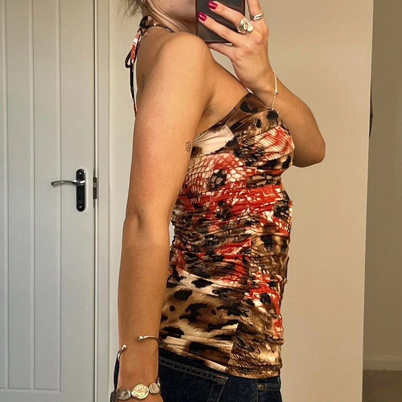 BXOXO Vintage Floral Print Backless Camis y2k Aesthetic Sleeveless Skinny Lace-up Halter Crop Top Women Summer Holiday Tee Lady