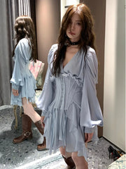 BXOXO Sweet Blue Mesh Slim Waist Cummerbund+ Y2k Grunge V-neck Long Sleeve A-line Dress for Women 2025 Spring New Two Piece Sets