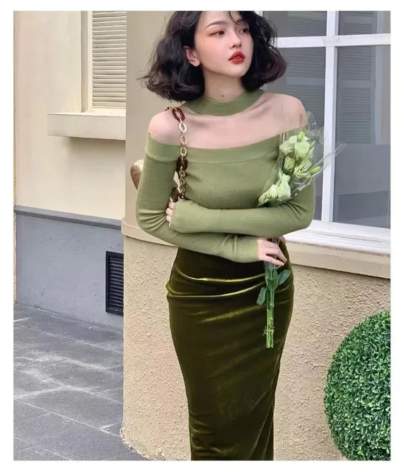 Bxoxo Sexy Halter Sweater Slash Neck Off  Shoulder Pullovers Spring Autumn Women Tops Knitted Korea Style Blue Rose White Black White