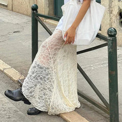 Bxoxo Two Layer Lace Trumpet & Mermaid Long Skirts For Women Vintage Elegant Fashion High Waist Skirt Holiday Outfits