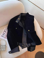 Bxoxo Black Patchwork Pu Leather Jacket for Women Y2K Fall Loose Streetwear Stand Collar Crop Coats Bf Korean All Match Zipper Outwear