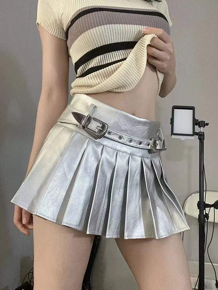 Bxoxo PU leather Pleated skirts Women Y2K High Waist With belt casual A line Punk skirts Fashion Hot Girls Night Party mini skirts