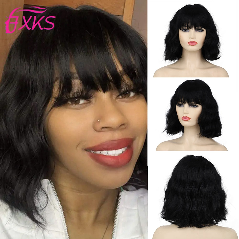 BXOXO Blonde Gold Short Wavy Synthetic Wigs With Bangs Brown Grey Silver Black Color Body Wave Hair Wigs 14Inch 200G For Women FXKS