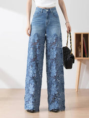 Fashion Elegant Jeans For Women High Waist Lace Patchwork Pantalones Hollow Out Denim Trousers Casual Loose All Match Pants 2024