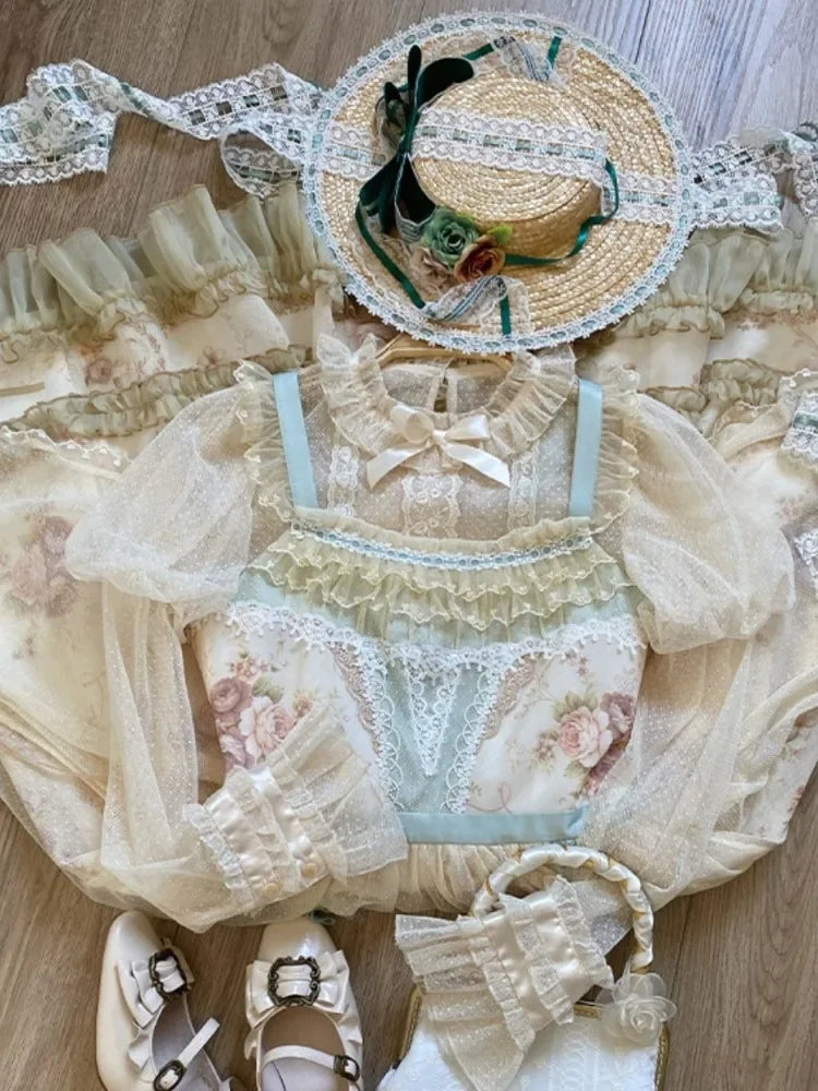BXOXO Lolita See Through Sweet Women Shirts Lace Embroidery Harajuku Blouse Fairy Long Puff Sleeve Sweet Y2k Aesthetic Blusas De Mujer