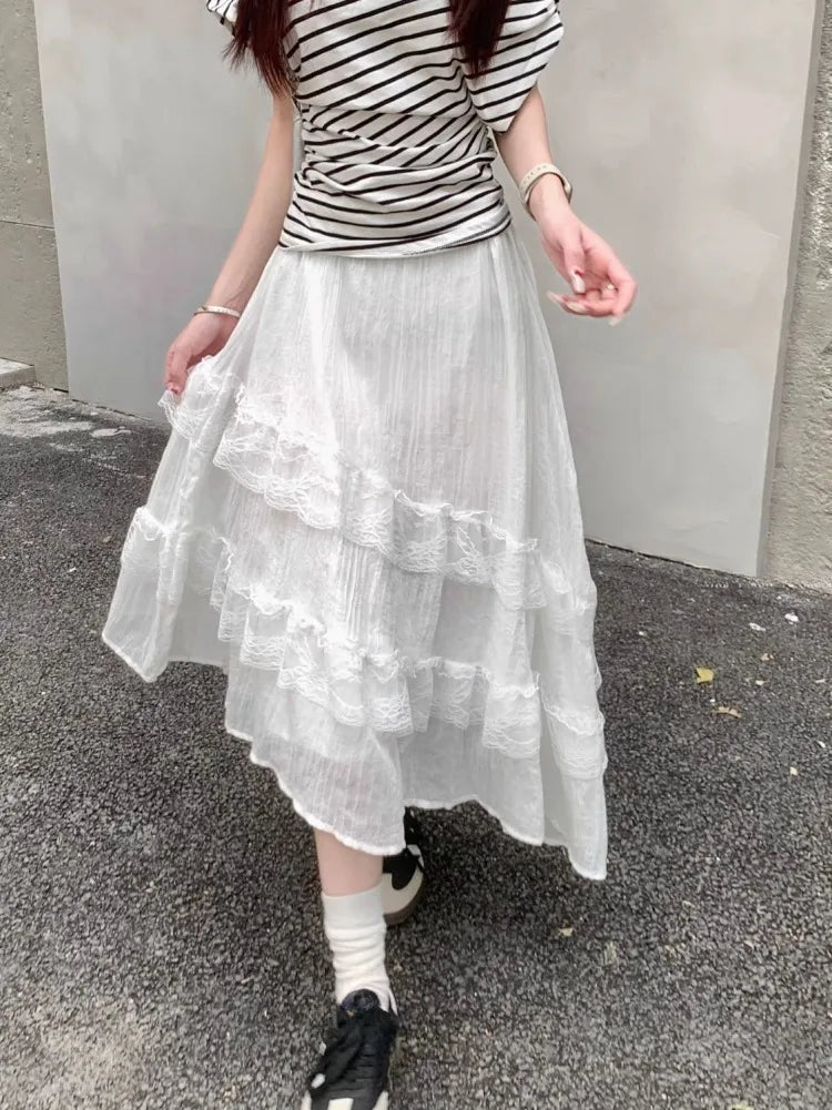 BXOXO Sweet Skirts Women Lace Patchwork Irregular Summer Fashion 2025 Solid Elegant Stretch High Waist Loose Long Skirt