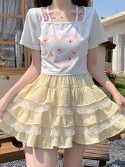 BXOXO Japanese Sweet Chiffon Lolita Blue Yellow A-Line Mini Skirt Women'S Spring Summer High Waist Kawaii Ruffles Above Knee Skirts