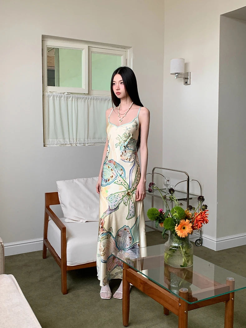 Bxoxo Ocean Flowers Backless Long Mermaid Dress For Woman Summer 2025 V Neck Midi Slip Dress Evening Party Clothes