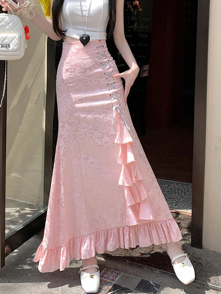 BXOXO Print Vintage Long Skirt Women Casual Ruffles England Sweet Trumpet Skirts Retro Lace Up Elegant Female Design Long Skirt