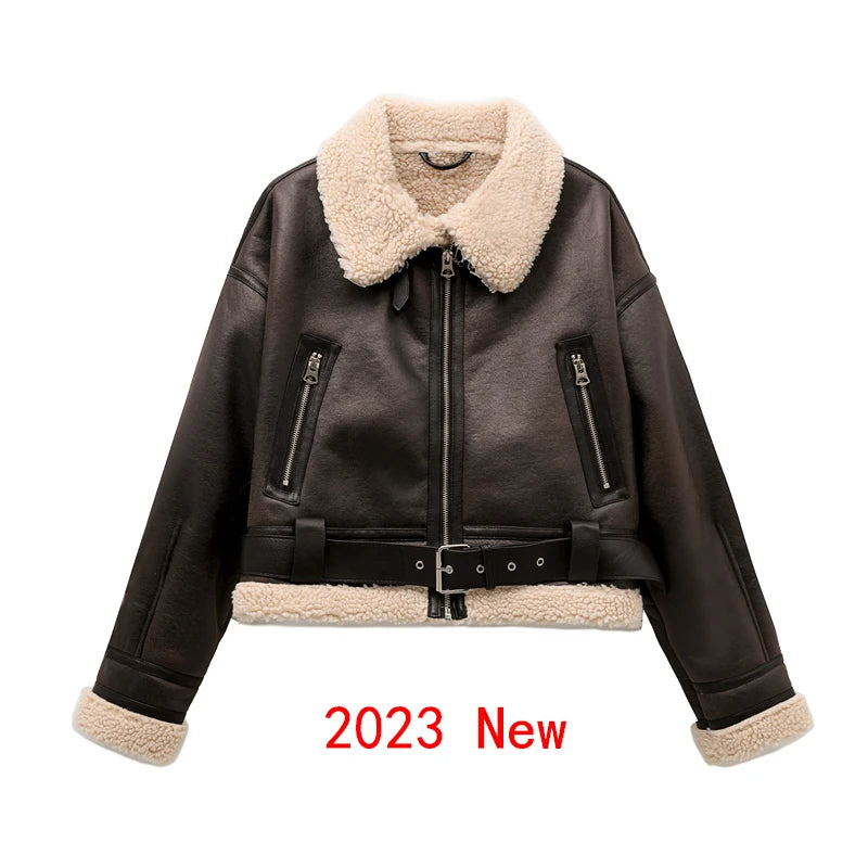 Bxoxo New Woman's Fashion Thick Warm Faux Shearling Jacket Coat Vintage Long Sleeve Belt Hem Female Outerw