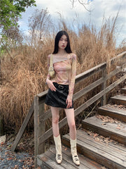 BXOXO Vintage Tie Dye T Shirt Women Flare Sleeve Mesh Tops Irregual Y2k Retro Crop Tops Streetwear Japanese 2000s Tshirts