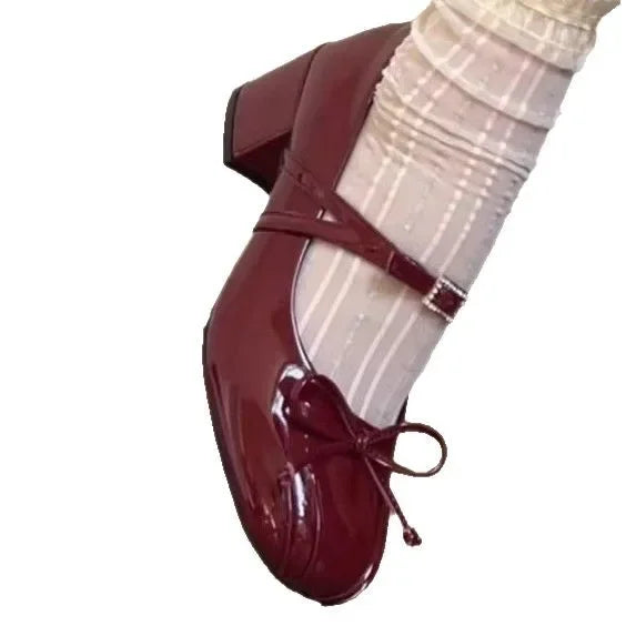 Bxoxo Luxurious Knot Mary Jane Shoes for Women with Thick Heel And Single Strap Spring Fashionable Leather High Heels round Toe