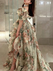 Bxoxo Summer Even Floral Dress Women Casual Short Sleeve Long Dress Office Lady Birthday Party Formal Dress Korean Holiday Chic