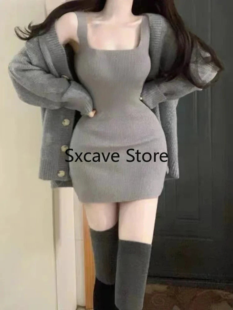 BXOXO Gray 2 Piece Dress Set Women Casual Long Sleeve Cardigan + Bodycon Strap Sweater Dress Evening Party Knitted Suit