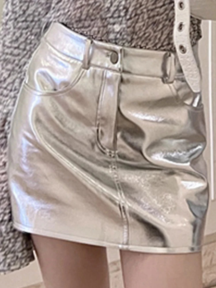 BXOXO Summer Autumn Pink Silver Reflective Shiny Patent Leather Mini Skirts for Women High Waist A Line Short Sexy Y2K Clothes