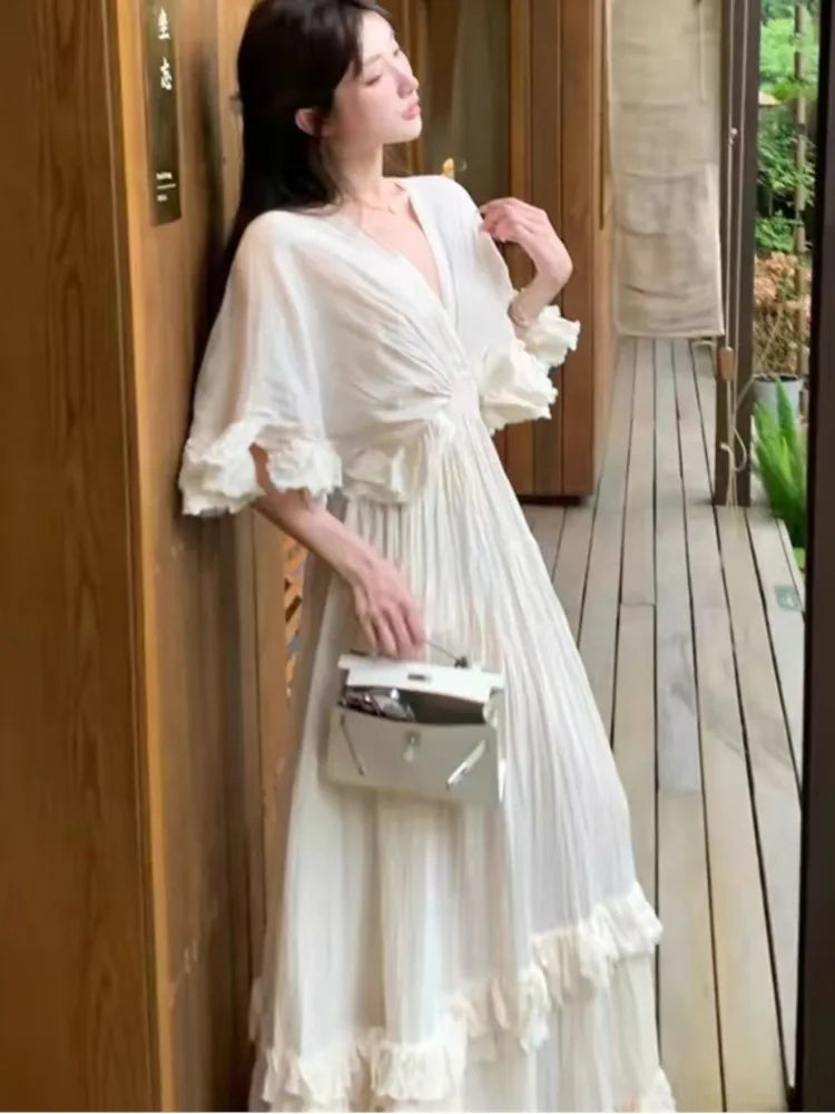 Bxoxo Women's Ruffles Fairy French Dress V-Neck Full Skirt Short Sleeves Long Dressses Beach Holiday Vestidos 2025 Summer Fashion New