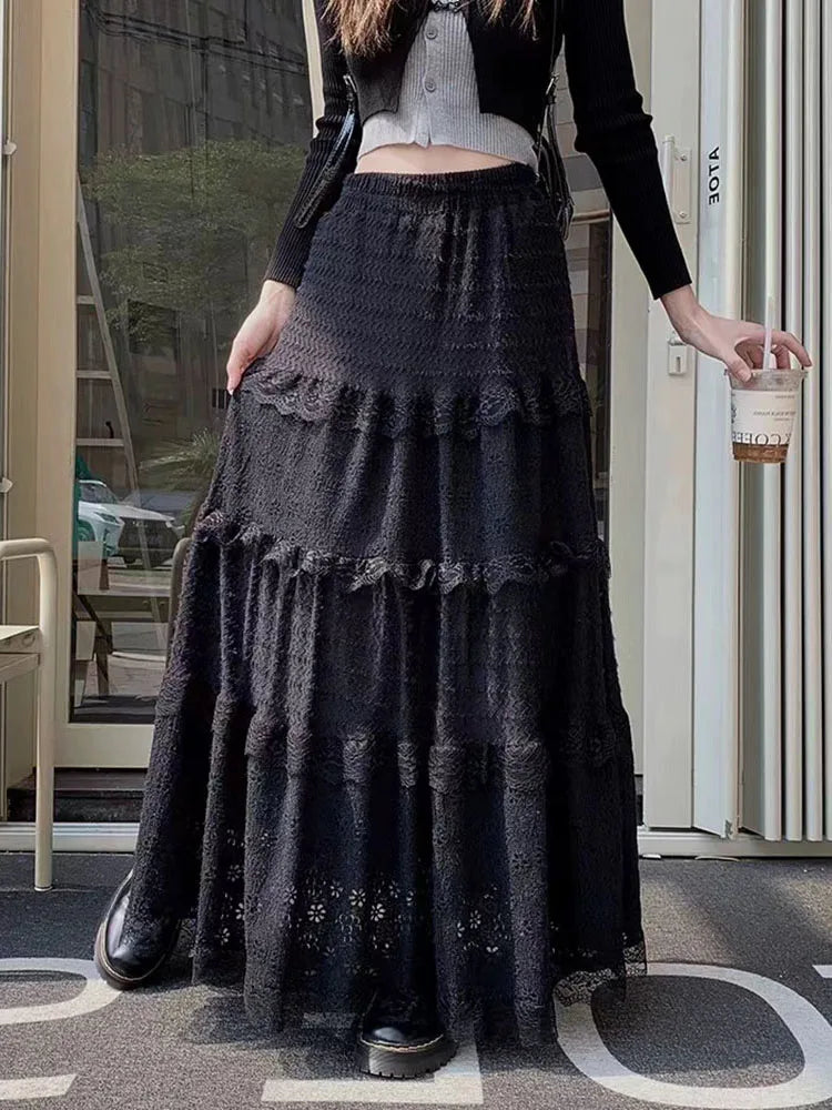 Bxoxo Elegant Lace Splicing Midi Skirt for Women Y2K Summer High Waist Chic Hollow Out A Line Skirts Korean Solid All-Match Long Skirt