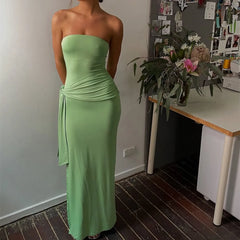 BXOXO Women Strapless Maxi Dress Boho Floral Print Bodycon Long Tube Dress Summer Tie Waist Long Holiday Beach Sundress