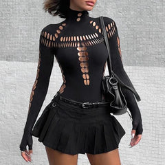 Solid Hollow Out High Collar Bodysuit Sexy Bodycon Skinny Long Sleeves T Shirts Women Gothic Punk Streetwear Bodysuits