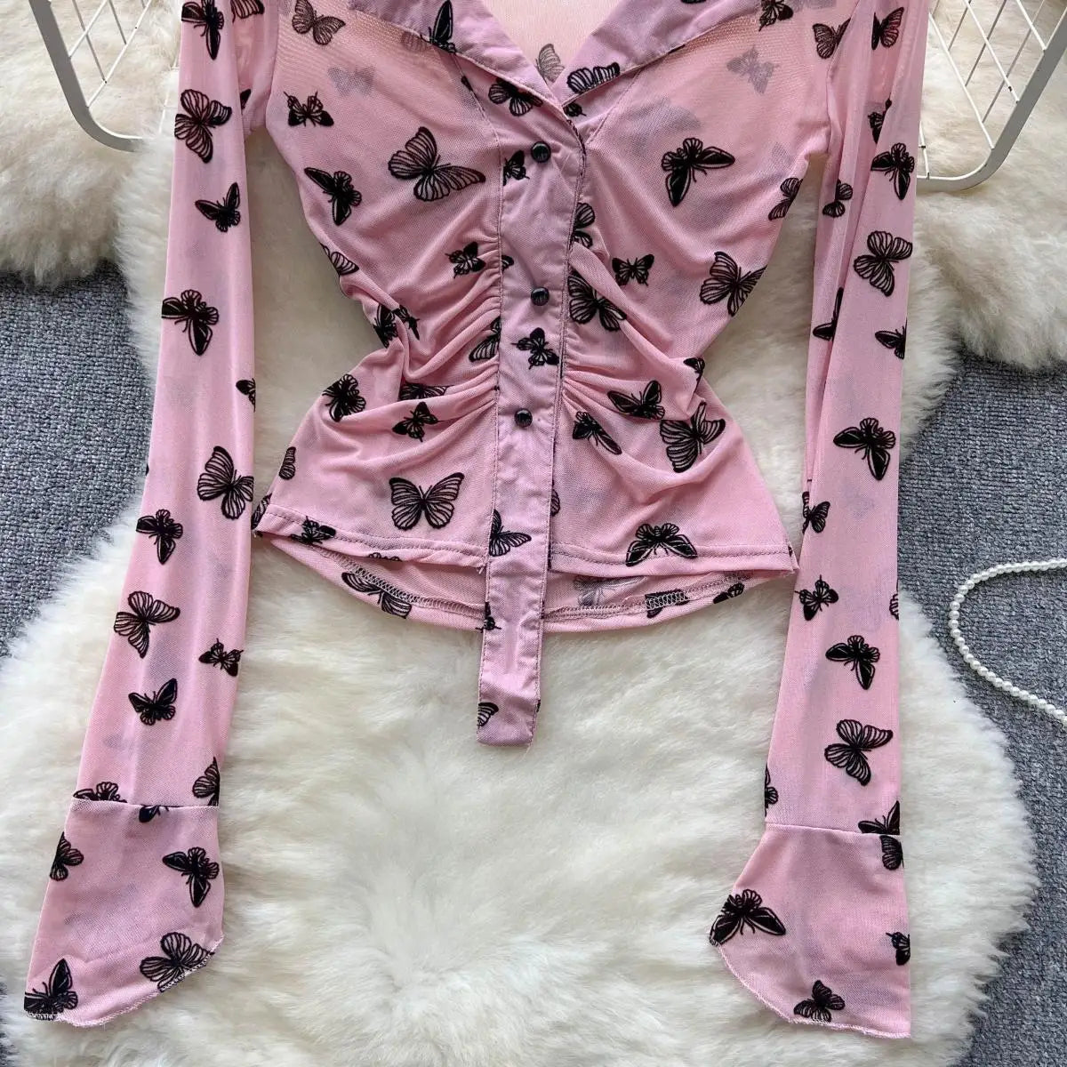 Bxoxo Butterfly Print Blouse Summer Long Sleeve V Neck Y2K 2024 Slim Vacation Ladies High Street Fashion Casual Shirt