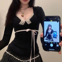 Bxoxo Fairy Grunge Top y2k Women Clothes Lace Trim V Neck Long Sleeve T Shirt with Bow Coquette Clothing 2000s Streetwear