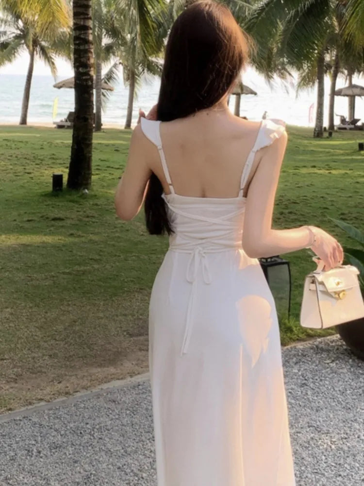 Bxoxo Women's Korean Elegant Ruffles V-neck Lace-up A-Line Dress Sexy Backless Slim Waist Flying Sleeves Dresses Basics Office Lady