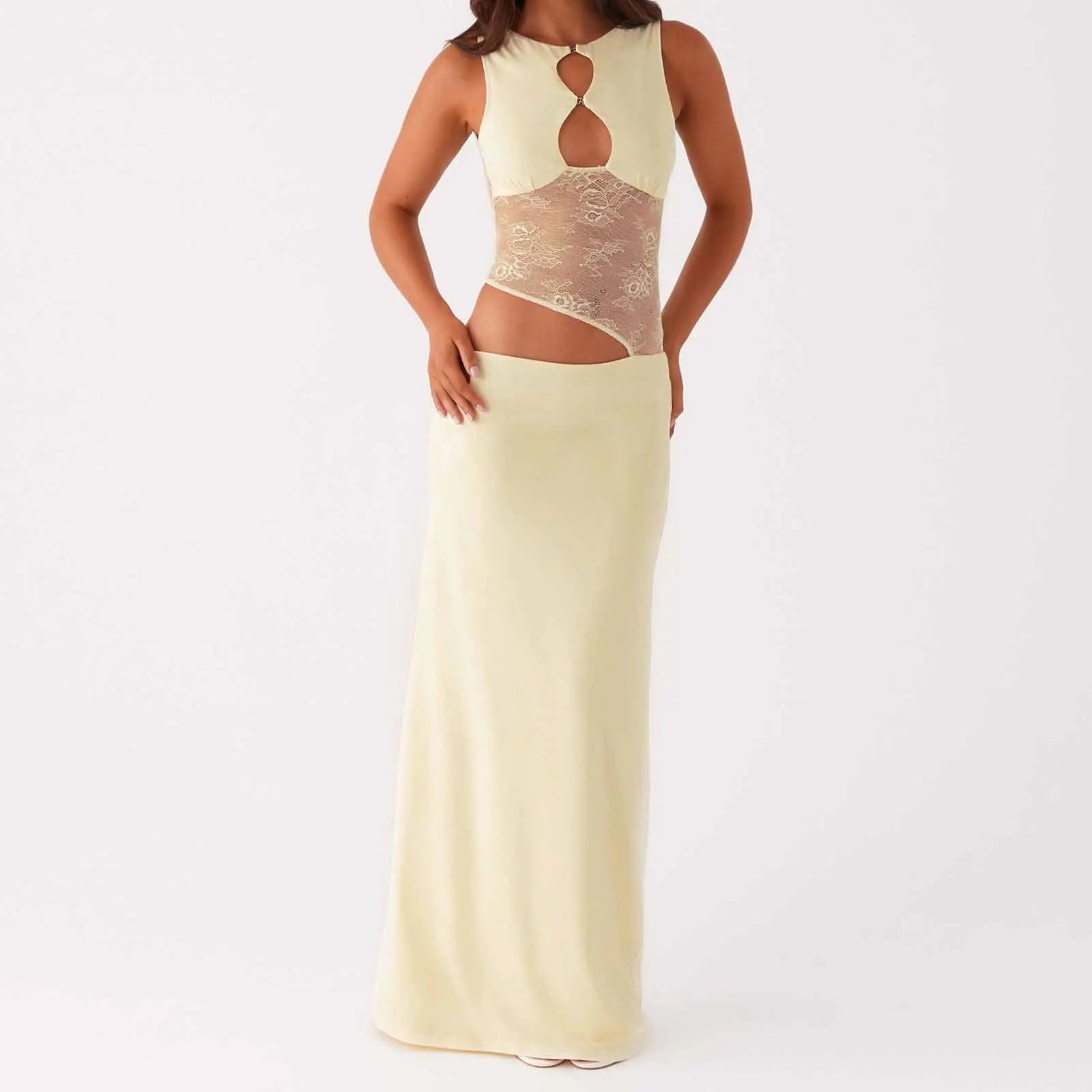 BXOXO Sexy Women Long Dress Lace Patchwork Hollow-Out Sleeveless Dress Summer Casual Fashion Bodycon Dress Party Night