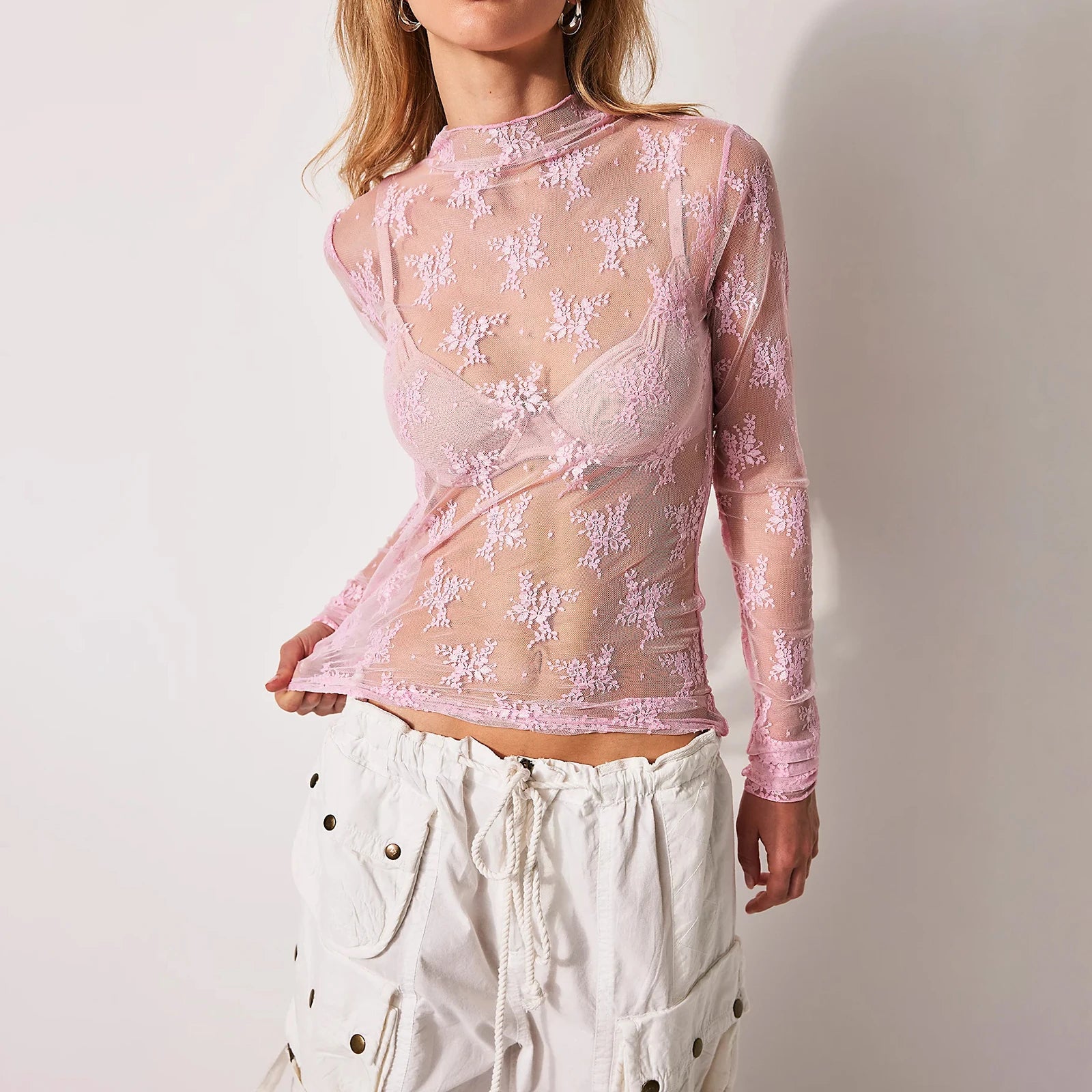 BXOXO Sheer Mesh Long Sleeve Layering Top for Women Mock Neck Floral Lace T shirt See Through Tee Shirt Blouse Summer Cover Up