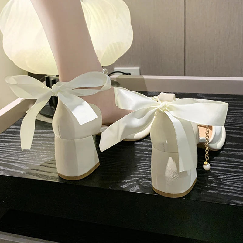 BXOXO Pearl Ankle Buckle Thick Heel Pumps Women Back Bowtie Lace Up Mary Jane Shoes Woman Autumn Platform High Heels Dress Shoes