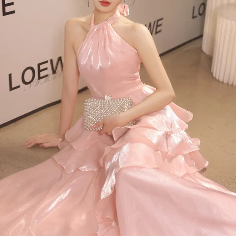 BXOXO Customized Pink Luxury Satin Evening Dress 2025 Off-shoulder Elegant Halter Collar A-Line Ruffle Cake Dress Luminous Formal Occas