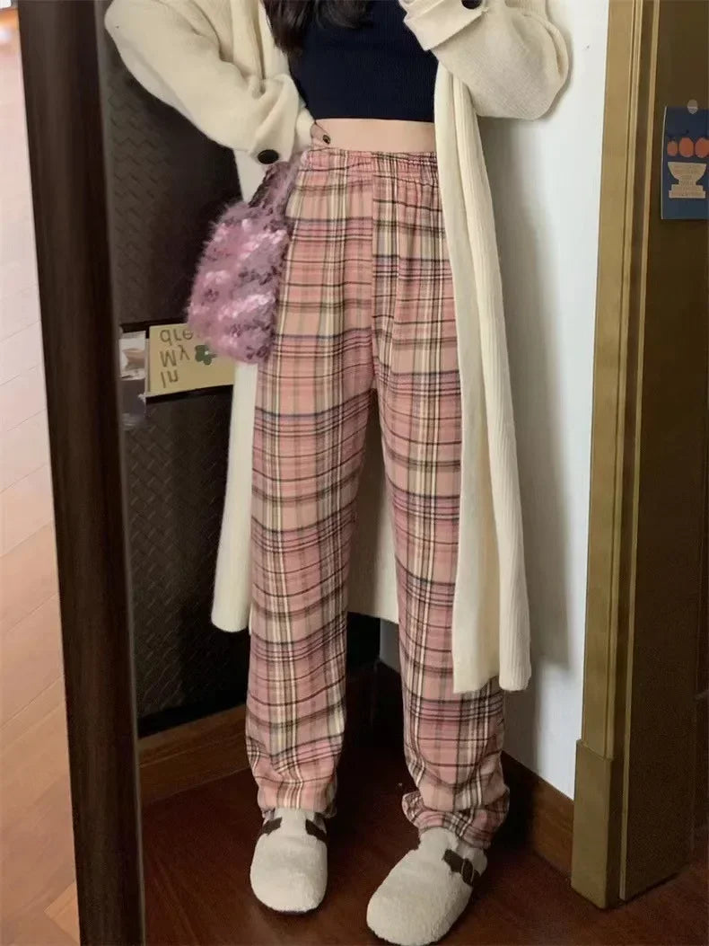 BXOXO Fashion Warm Plush Pants Cashmere Thick Plaid Ladies Winter Casual Loose Wide-legged Pants Korean Streetwear Students