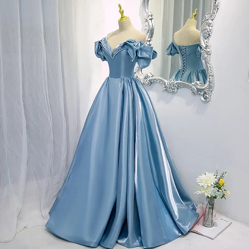 BXOXO New High-End Feel Off-Shoulder Blue Satin French Style Evening Dress For Women's Formal Performance Costume