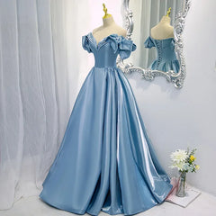 BXOXO New High-End Feel Off-Shoulder Blue Satin French Style Evening Dress For Women's Formal Performance Costume