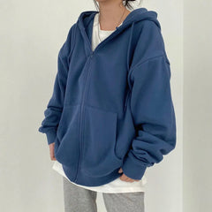 BXOXO Women Hoodies Solid Color Zip Up Pocket Oversized Harajuku Korean Sweatshirts Female Long Sleeve Hooded Streetwear Casual Top