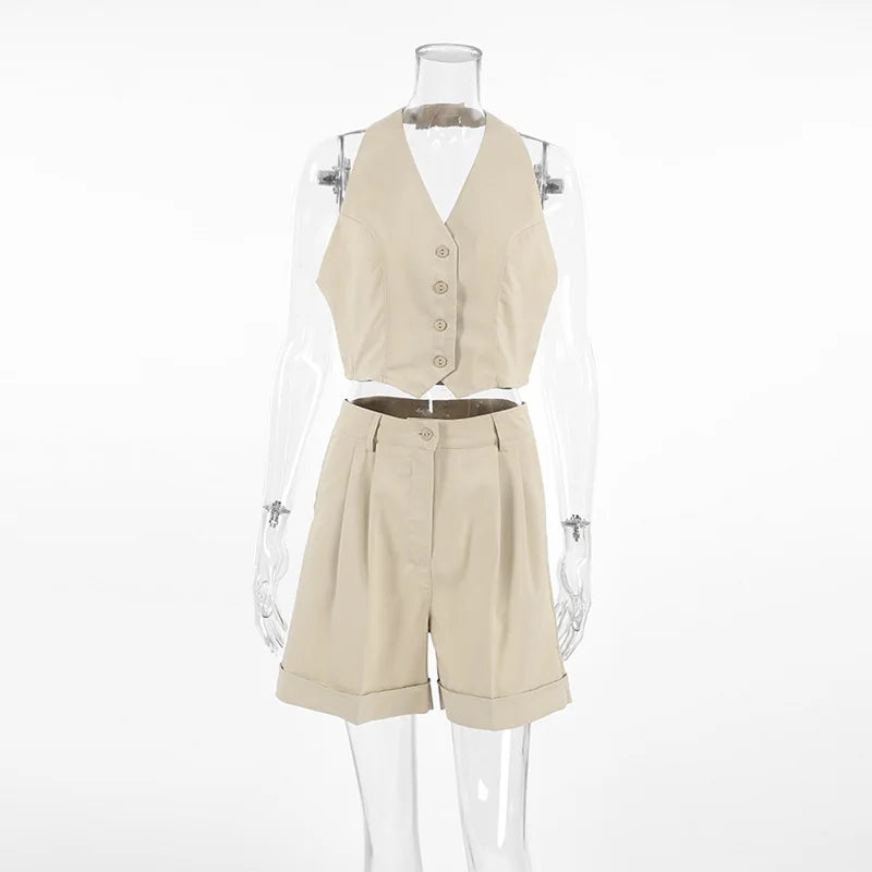 Bxoxo Spring Summer Women Office Shorts Suit Set Solid Khaki Sleeveless Halter Outfit 2 Piece Matching Sets For Women