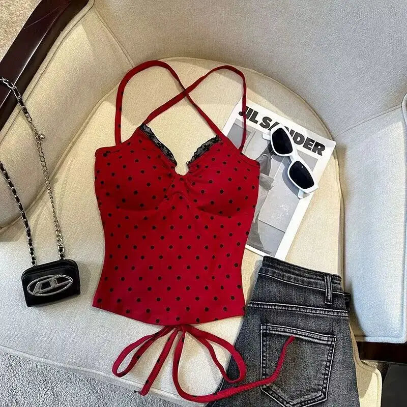 BXOXO Sling Slim T-shirt Woman Clothing Punk Polka Dot Sexy Y2K Goth Vintage Backless V-Neck Harajuku Korea Grunge Hot Girl 2000s Tees
