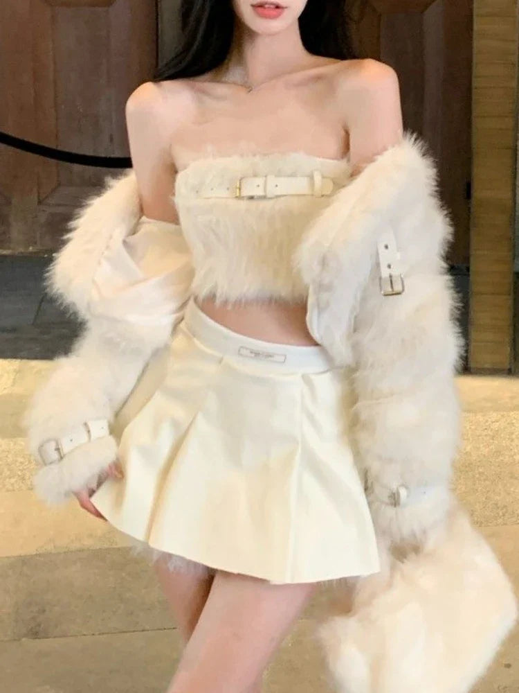 BXOXO Sexy 3 Piece Skirt Set Women Casual Long Sleeve Coat + Bodycon Tube Tops + Sweet Mini Skirt Evening Party Clothing Autumn