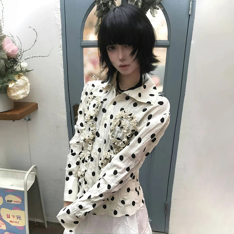 BXOXO Japanese Y2k Polka Dot Shirt Trashy 2000s Style Frill Blouse Women Vintage Harajuku Irregular Shirts Grunge Aesthetics