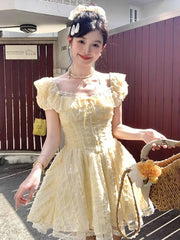 BXOXO Sweet Sexy Slim Yellow Dress Women Fashion Lace Patchwork Cute Mini Dress Chic Square Collar Puffy Sleeve Elegant Vestidos