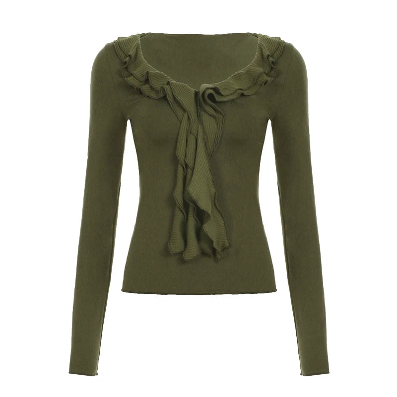 BXOXO Solid Slim Fit Ruffles Ribbons Simple T-Shirt Long Sleeve High Fashion Spring Summer New Women Clothing