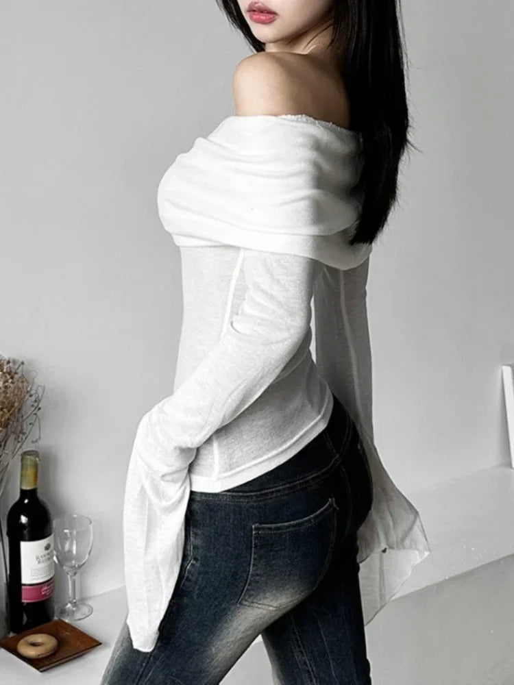 Bxoxo Y2k Aesthetic Women Translucence Tee Shirts Slash Neck Long Sleeve Solid Casual T-Shirts Vintage Off Shoulder Sexy Cute Tshirts