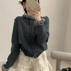 Bxoxo Sweet Korean Style Sweaters Cardigan Elegant Kawaii Gray Knitted Cardigan Preppy Style Autumn Winter Sweater Aesthetics