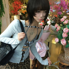 BXOXO Japanese Y2k Hollow Out T-shirt 2000s Aesthetics Long Sleeve Beaded Tops Vintage Harajuku Sexy Streetwear American Retro
