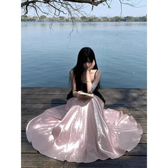 Bxoxo Pink Glimmering Long Half Skirt Women's Summer Flowing Silk Satin Drapey A- Line Midi Skirt Polyester Fiber Plain Color