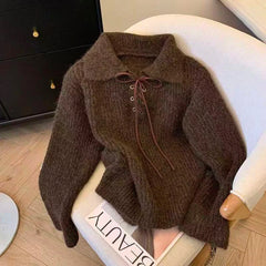 Bxoxo Lapel Lace Up Knitted Sweater for Women Autumn Loose Thick Warm Casual Pullovers Korean Long Sleeve All Match Jumpers Mujer
