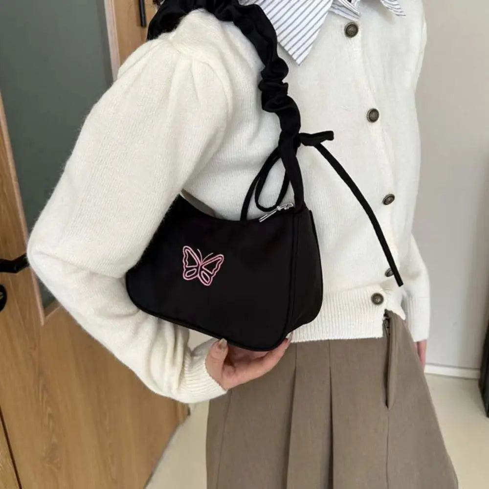 BXOXO Embroidery Bowknot Butterfly Shoulder Bag Y2k Style Ruffle Handle Nylon Bow Tote Bag Makeup Lipstick Bag Handbag